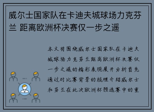 威尔士国家队在卡迪夫城球场力克芬兰 距离欧洲杯决赛仅一步之遥 威尔士国家队在卡迪夫城球场力克芬兰 距离欧洲杯决赛仅一步之遥
