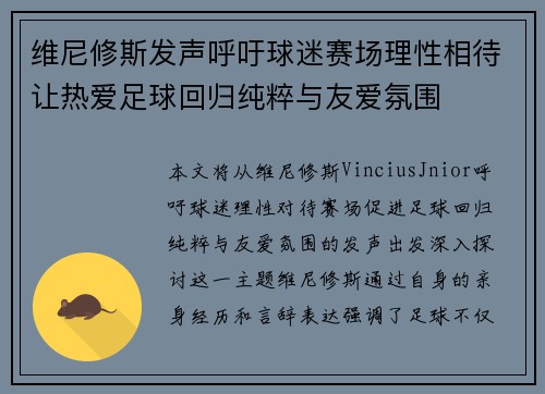 维尼修斯发声呼吁球迷赛场理性相待让热爱足球回归纯粹与友爱氛围 维尼修斯发声呼吁球迷赛场理性相待让热爱足球回归纯粹与友爱氛围
